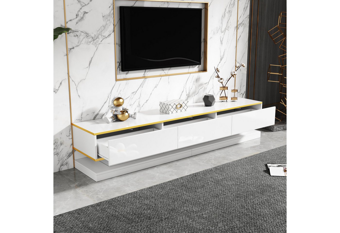 Odikalo Lowboard TV-Schrank TV-Bank mit Stauraum (Modernes TV-Lowboard mit 200x40x40cm, TV-Schrank Holz TV-Tisch - Wohnzimmer Schlafzimmer, Warmweißer TV-Tisch mit goldener Kante,Standfernsehschrank) von Odikalo