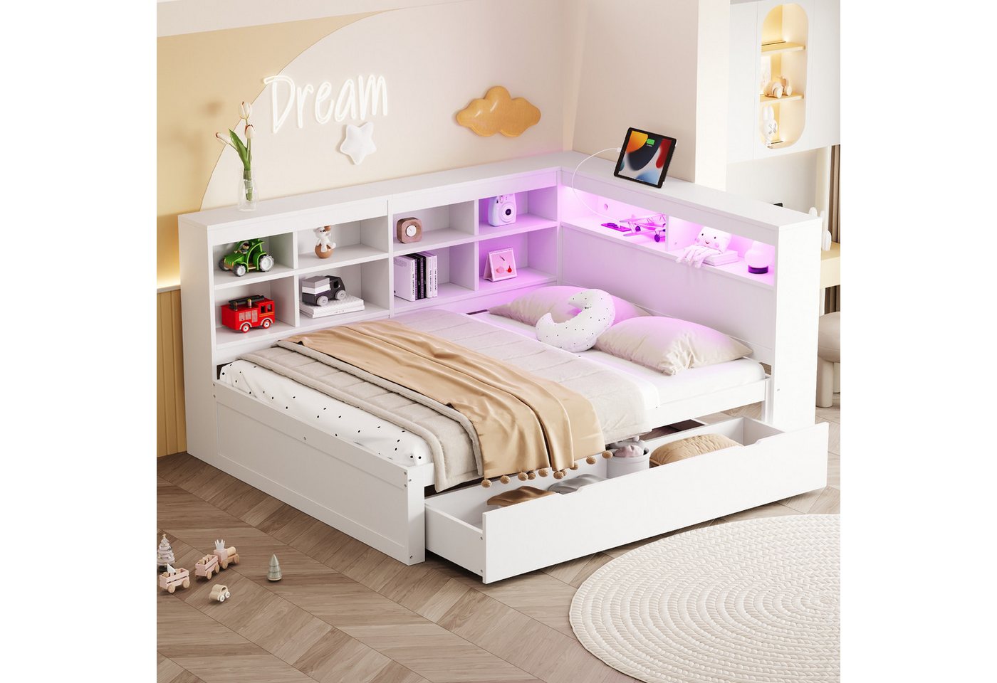 Odikalo Massivholzbett Holzbett Schlafsofa 90x200 USB LED Regal Stauraum Ablagefach Weiß/Grau Odikalo Massivholzbett Holzbett Schlafsofa 90x200 USB LED Regal Stauraum Ablagefach Weiß/Grau von Odikalo