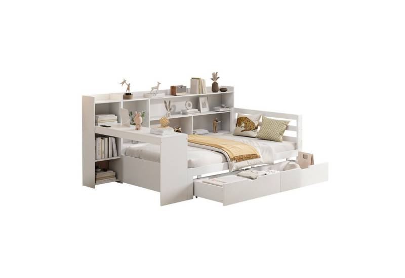 Odikalo Schlafsofa Schlafcouch Schrankbett 90x200 140x200 Massivholz, Schlafsofa aus Massivholz, 90x200 140x200, Mit Schreibtisch Bücherregal Ablagefächern und Regalen, Mit 2 großen Ablagefächern, Multifunktionales Holzbett von Odikalo