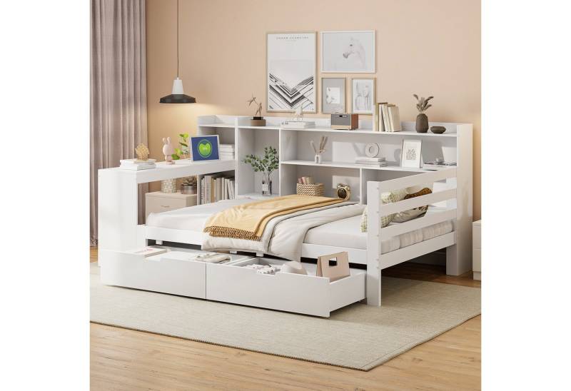Odikalo Schlafsofa Schlafcouch Schrankbett 90x200 140x200 Massivholz, Schlafsofa aus Massivholz, 90x200 140x200, Mit Schreibtisch Bücherregal Ablagefächern und Regalen, Mit 2 großen Ablagefächern, Multifunktionales Holzbett von Odikalo