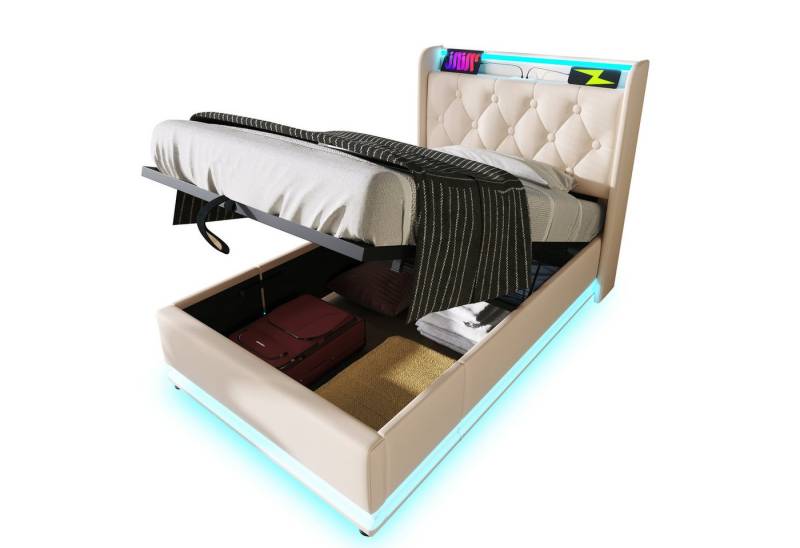 Odikalo Polsterbett Polsterbett Lagerbett LED 90-180*200 Kopfteil Ohne/Mit Matratze weiß von Odikalo