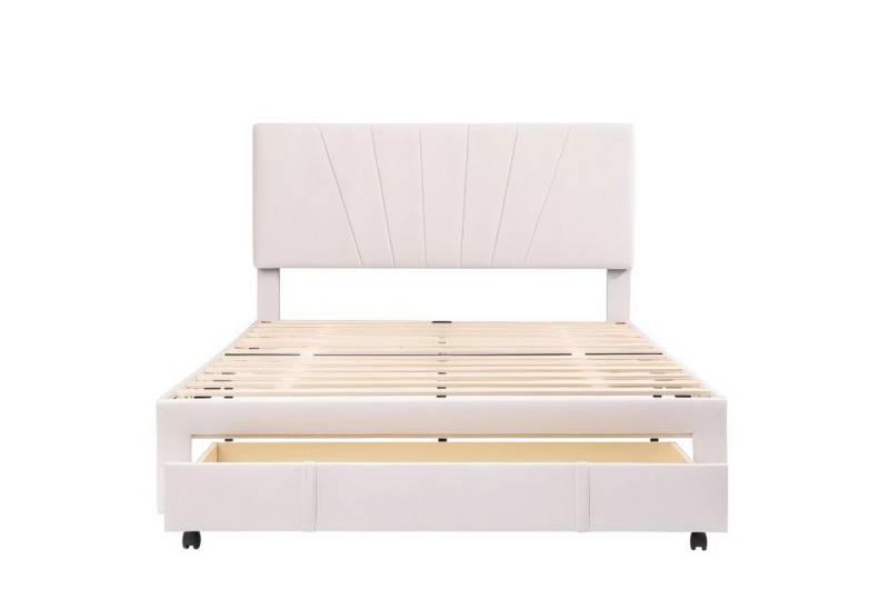 Odikalo Polsterbett Doppelbett 140x200cm Lattenrost Rückenlehne Schublade Samt Beige/Weiß von Odikalo