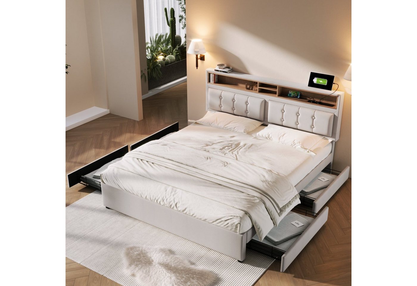 Odikalo Polsterbett Doppelbett 4 Schubladen USB C Steckdose Kopfteil 140/160 cm Beige/Grau von Odikalo