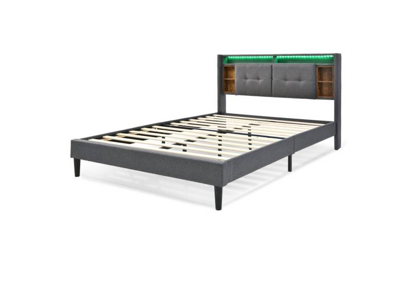 Odikalo Polsterbett Doppelbett Bettgestell Stauraum-Kopfteil 140x200cm Grau(Mit Matratze) von Odikalo