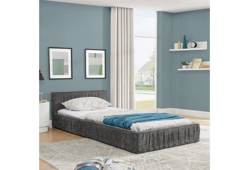 Odikalo Polsterbett Doppelbett Einzelbett, Chenille (90x200 / 140x200 / 160x200 cm, Kinderbett mit seidig weichem Chenille - Bezug, quadratischem Steppdesign, aus Eukalyptusholz und stabilem Eisenrahmen, einfache Montage, Beige / Grau (ohne Matratze) von Odikalo