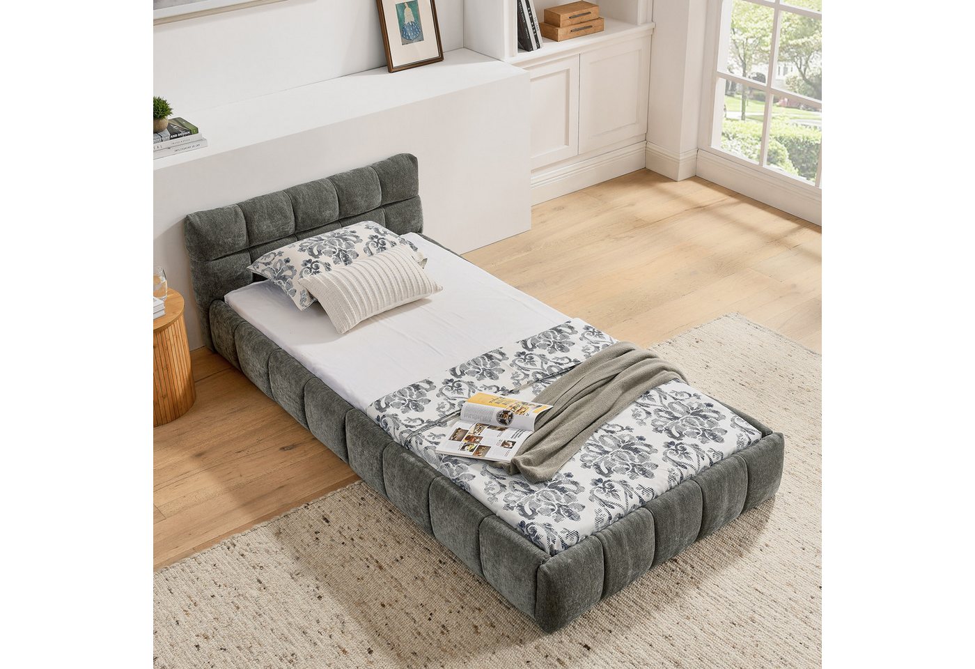 Odikalo Polsterbett Doppelbett Einzelbett, Chenille (90x200 / 140x200 / 160x200 cm, Kinderbett mit seidig weichem Chenille - Bezug, quadratischem Steppdesign, aus Eukalyptusholz und stabilem Eisenrahmen, einfache Montage, Beige / Grau (ohne Matratze) von Odikalo