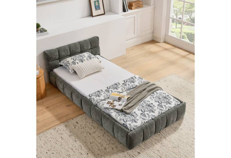 Odikalo Polsterbett Doppelbett Einzelbett, Chenille (90x200 / 140x200 / 160x200 cm, Kinderbett mit seidig weichem Chenille - Bezug, quadratischem Steppdesign, aus Eukalyptusholz und stabilem Eisenrahmen, einfache Montage, Beige / Grau (ohne Matratze) von Odikalo