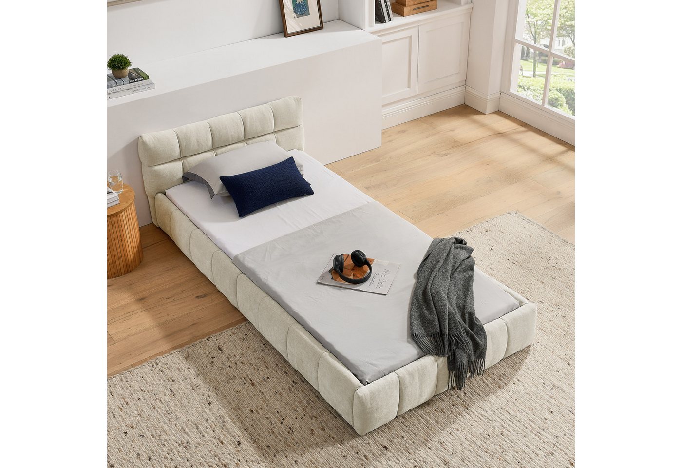 Odikalo Polsterbett Doppelbett Einzelbett, Chenille (90x200 / 140x200 / 160x200 cm, Kinderbett mit seidig weichem Chenille - Bezug, quadratischem Steppdesign, aus Eukalyptusholz und stabilem Eisenrahmen, einfache Montage, Beige / Grau (ohne Matratze) von Odikalo