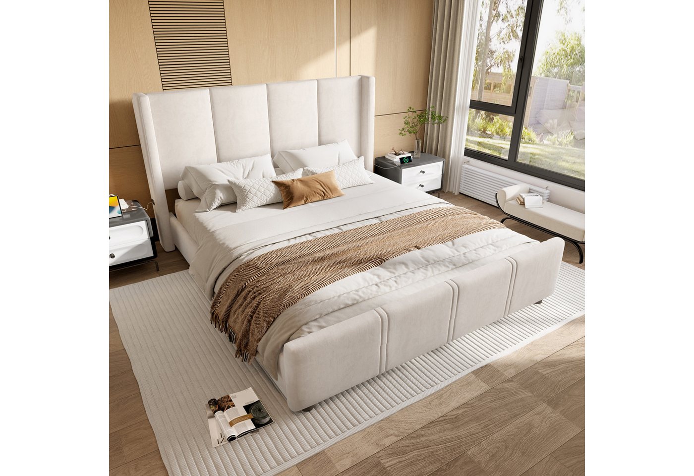 Odikalo Polsterbett Doppelbett Jugendbett mit USB-Anschluss 140/160x190/200 (140x190 140x200 160x200 cm stilvoller, moderner Polsterbettrahmen, hohes Kopf- und Fußteil, zertifizierter USB-Anschluss, Kombination aus Eisenrahmen und Holzplatte, stabil und langlebig, Beige) von Odikalo