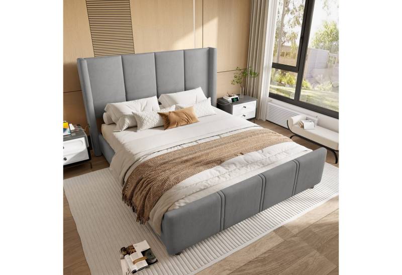 Odikalo Polsterbett Doppelbett Jugendbett mit USB-Anschluss 140/160x190/200 (140x190 140x200 160x200 cm stilvoller, moderner Polsterbettrahmen, hohes Kopf- und Fußteil, zertifizierter USB-Anschluss, Kombination aus Eisenrahmen und Holzplatte, stabil und langlebig, Beige) von Odikalo