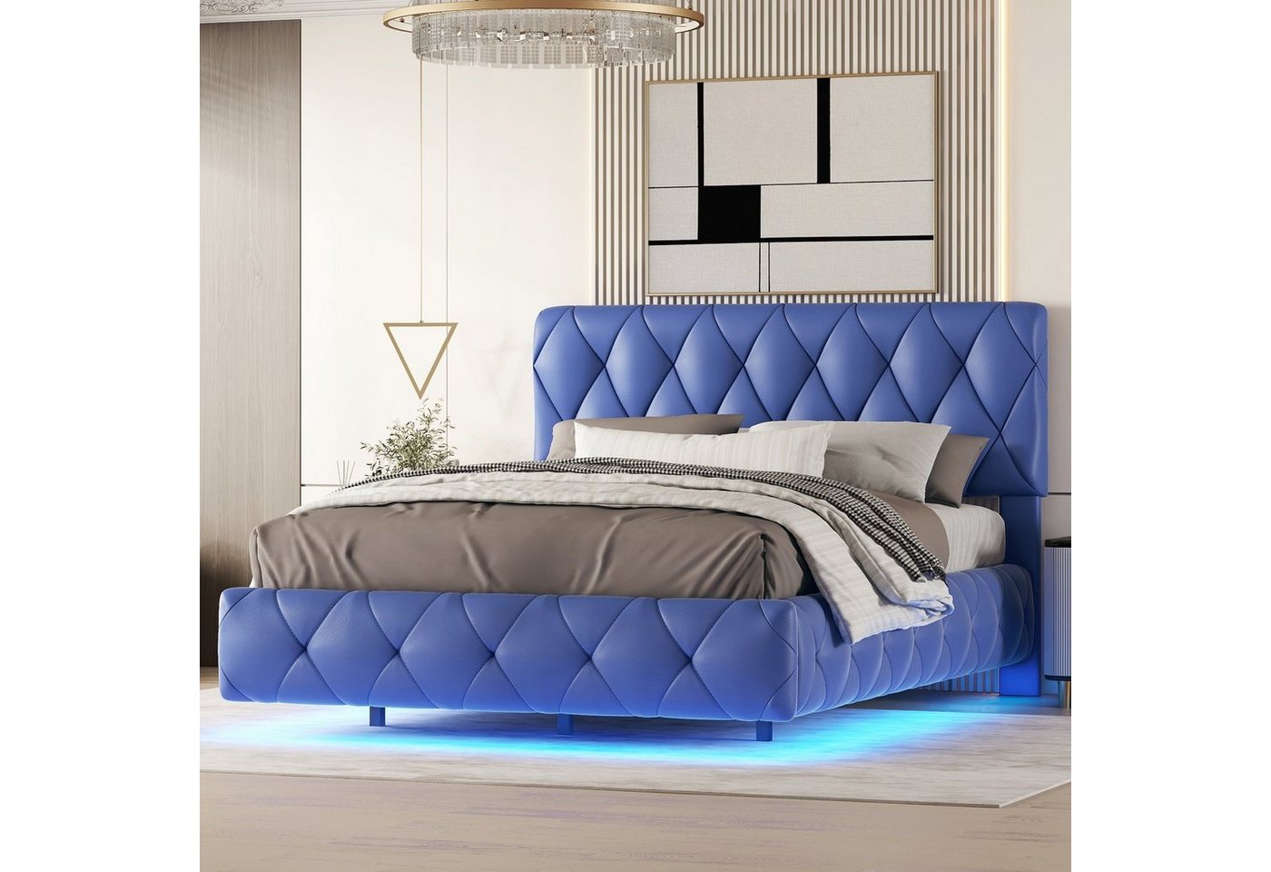 Odikalo Polsterbett Doppelbett Schwebebett Lattenrost PU-Leder 16-LED Blau/Beige 140x200cm von Odikalo