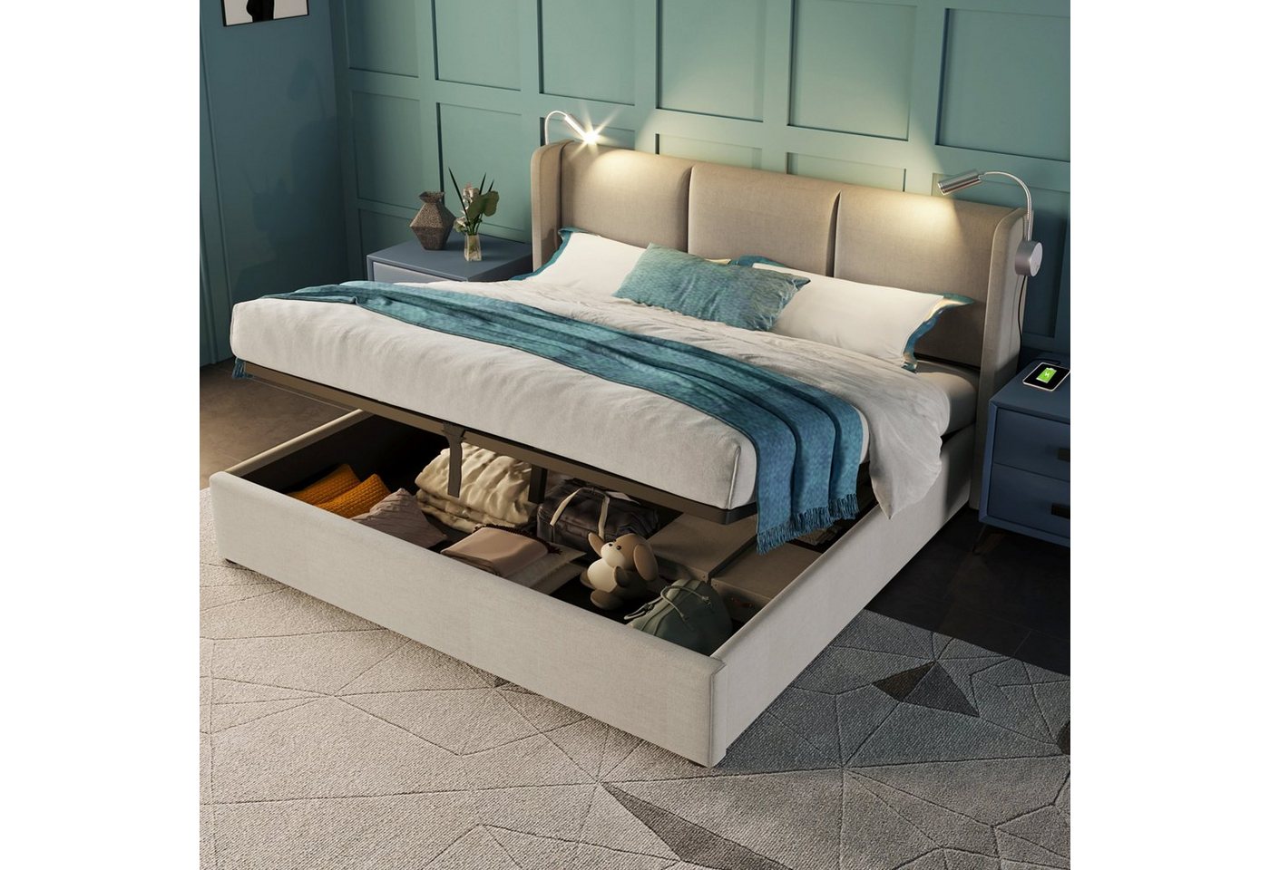 Odikalo Polsterbett Doppelbett Stauraum Kasten Leselicht Ladefunktion 140/160 Weiss/Grau Odikalo Polsterbett Doppelbett Stauraum Kasten Leselicht Ladefunktion 140/160 Weiss/Grau von Odikalo