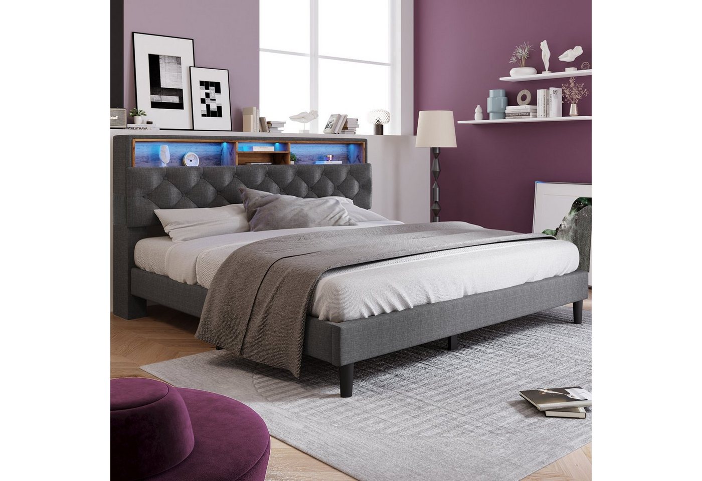 Odikalo Polsterbett Doppelbett Stauraum Kopfteil LED Lattenrost Bettgestell 140x200 Grau Odikalo Polsterbett Doppelbett Stauraum Kopfteil LED Lattenrost Bettgestell 140x200 Grau von Odikalo