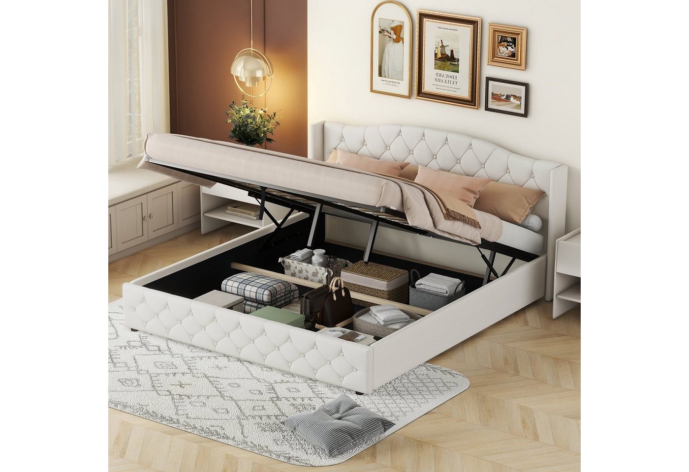 Odikalo Polsterbett Doppelbett Stauraumbett Flachbett Lagerung 180x200cm Beige/Grau Odikalo Polsterbett Doppelbett Stauraumbett Flachbett Lagerung 180x200cm Beige/Grau von Odikalo