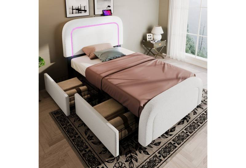 Odikalo Polsterbett Jugendbett Bettgestell USB 2 Schubladen Kopfteil 90/140x200cm Weiß von Odikalo