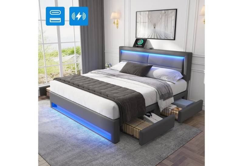 Odikalo Polsterbett Stauraumbett Bettgestell Flachbett USB Stauraum 140/160x190/200 Grau von Odikalo