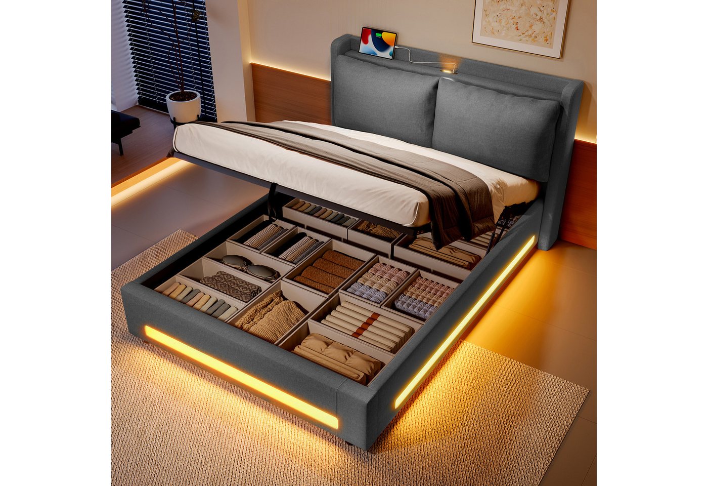 Odikalo Polsterbett Stauraumbett Himmelbett Kopfteil USB LED Kissen 140/160*190/200 Samt von Odikalo