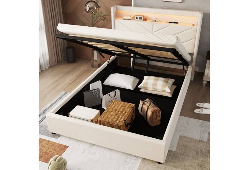 Odikalo Polsterbett Stauraumbett Jugendbett Hydraulik Leinen 140/160x190/200cm Beige/Grau von Odikalo