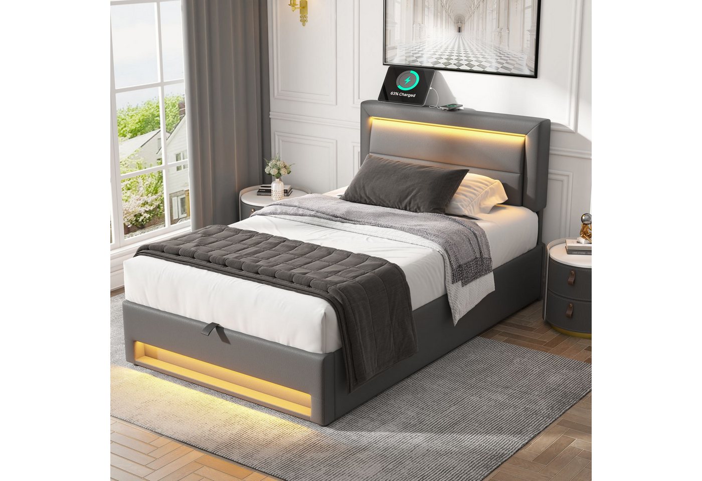 Odikalo Polsterbett Stauraumbett Kinderbett 90x190, Jugendbett mit USB & LED (90x190 cm, mit USB-Anschluss (unterstützt kabelloses und kabelgebundenes Laden), mit LED-Beleuchtung und Stauraum, ohne Matratze, PU-Litschi-Muster, Grau) von Odikalo