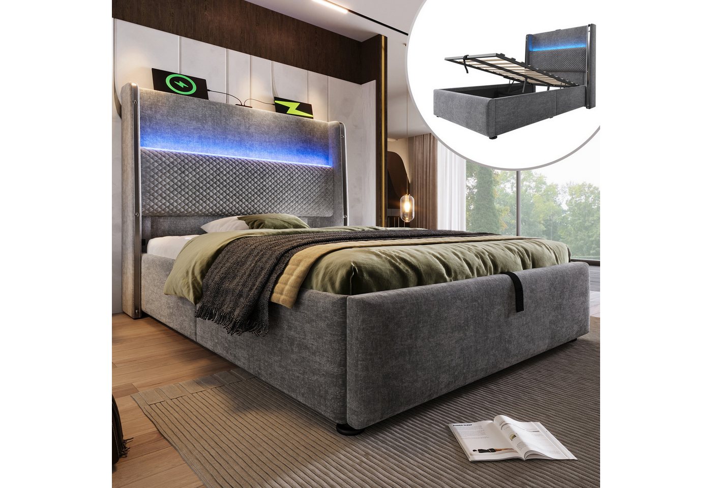 Odikalo Polsterbett Stauraumbett mit Bettkasten (90x200 cm, modernes Hydraulisches Bett mit Hohem Kopfteil, Einzelbett mit LED-Beleuchtung, Stauraum & USB/Type-C-Anschlüssen, in Leinen Optik Grau (Ohne Matratze) Odikalo Polsterbett Stauraumbett mit Bettkasten (90x200 cm, modernes Hydraulisches Bett mit Hohem Kopfteil, Einzelbett mit LED-Beleuchtung, Stauraum & USB/Type-C-Anschlüssen, in Leinen Optik Grau (Ohne Matratze) von Odikalo