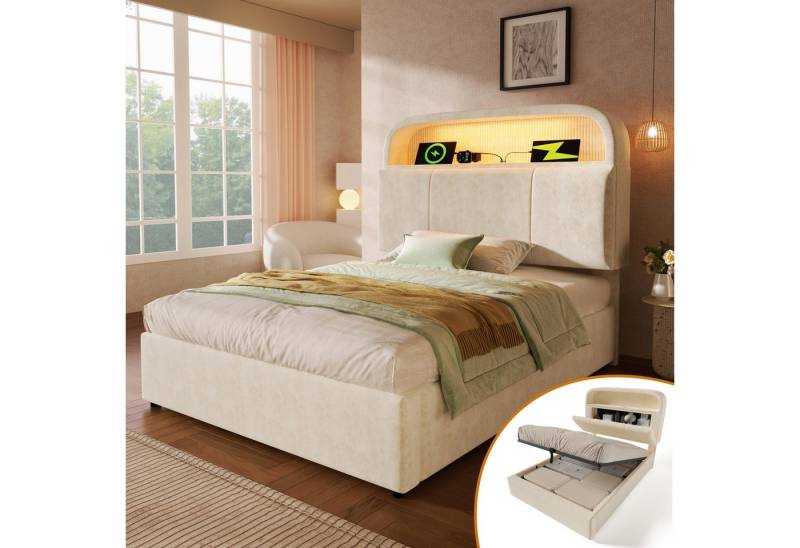 Odikalo Polsterbett mit Bettkasten LED und USB (90x200 / 140x200 / 140x190 / 160x200 180x200 cm, Polsterbett Doppelbett Jugendbett Einzelbett mit höhenverstellbarem Stauraum-Kopfteil, Hydraulisches Bett mit LED-Beleuchtung & USB/Type-C Ladestation, Samt, Beiger, inkl. Lattenrost (Ohne Matratze) von Odikalo