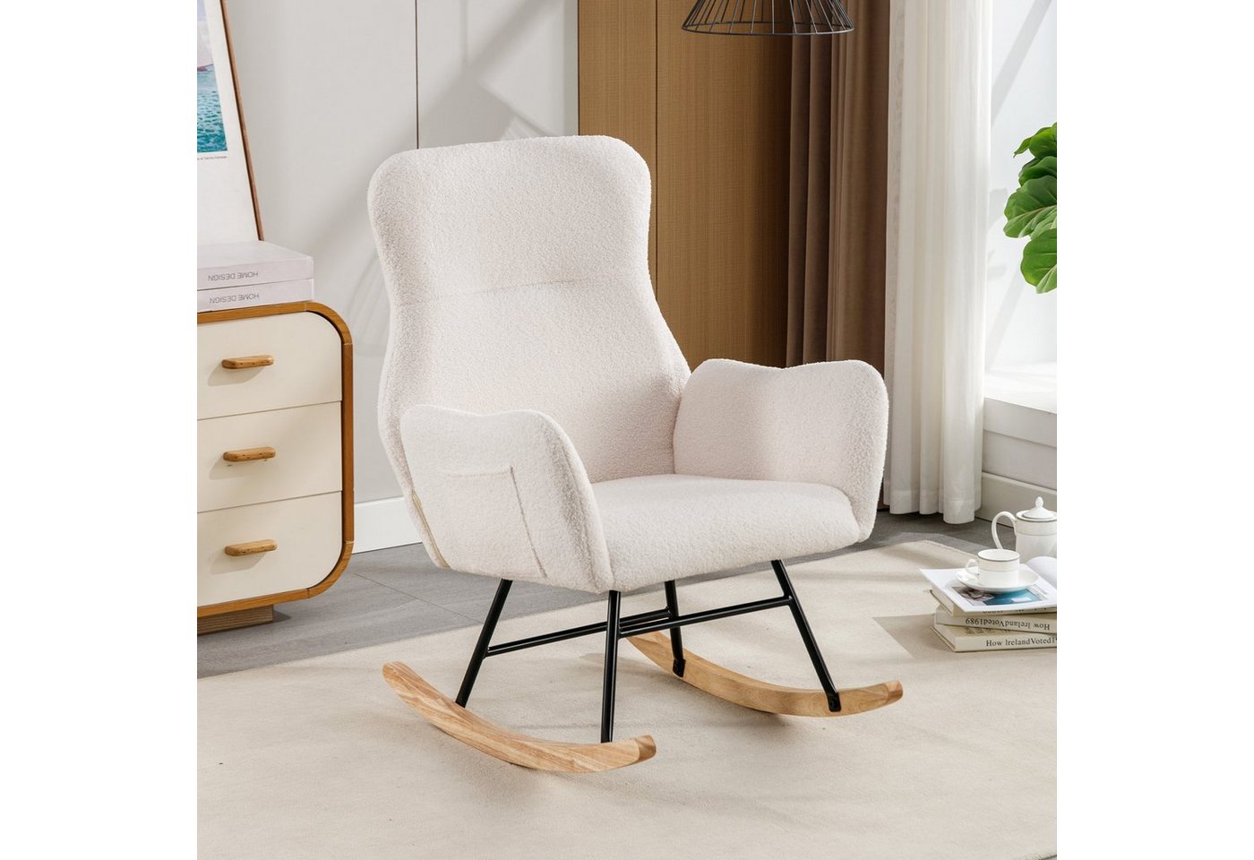 Odikalo Schaukelstuhl Plüsch-Stuhl Einzelsessel Armlehnen mit Taschen massive Holzbeine Weiß von Odikalo