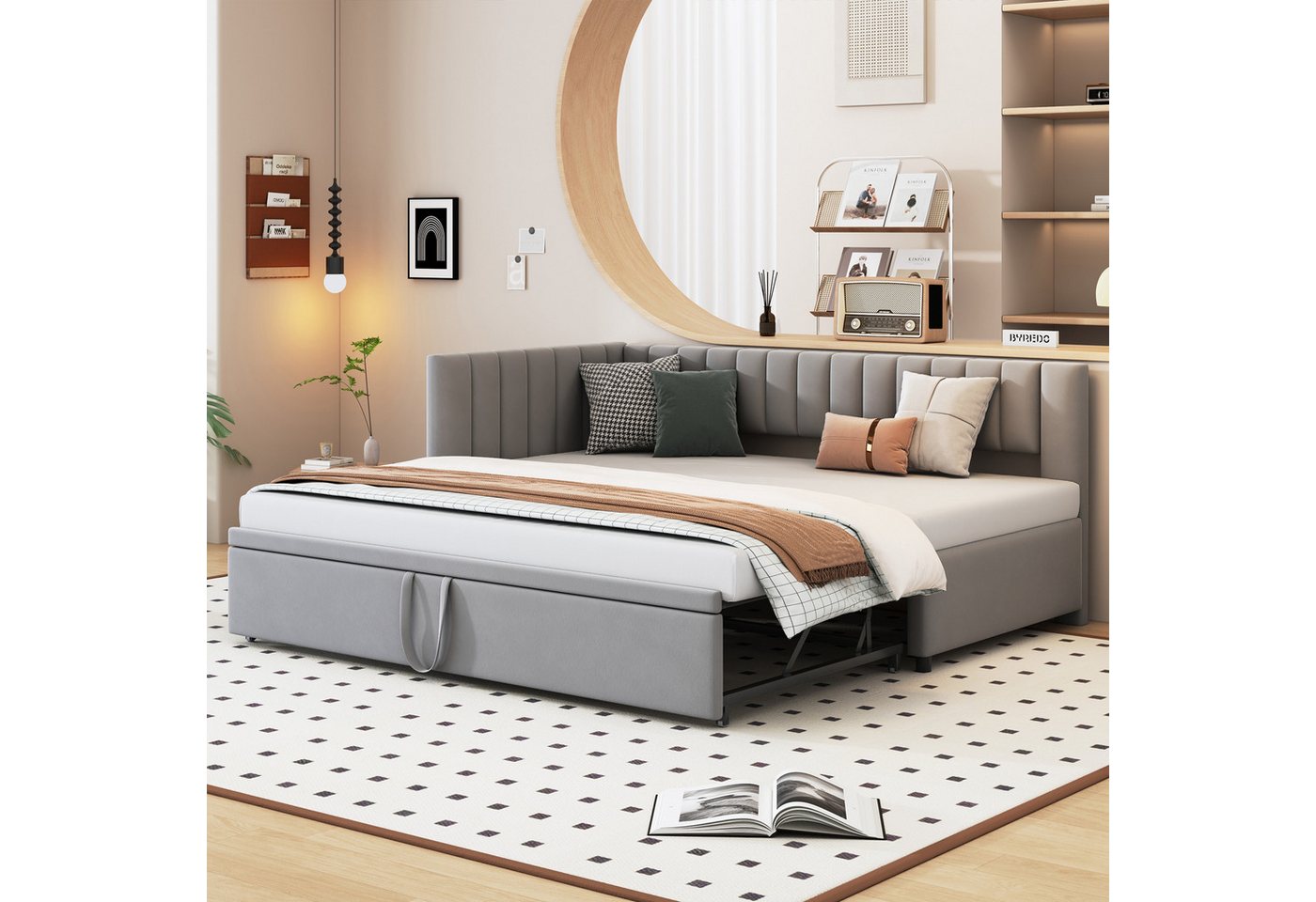 Odikalo Schlafsofa Ausziehbett Polsterbett Daybett Samtstoff 90/180x200cm Grau/Dunkelgrau von Odikalo