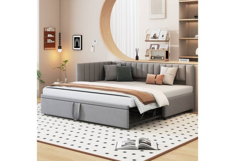 Odikalo Schlafsofa Schlafcouch 90x200 180x200 Auszug, Multifunktionales L-förmiges Schlafsofa mit Ausziehbett 90/180*200cm, Polsterbett in Samtstoff, platzsparendes Design für Kinderbett, Gästebett Grau / Dunkelgrau von Odikalo