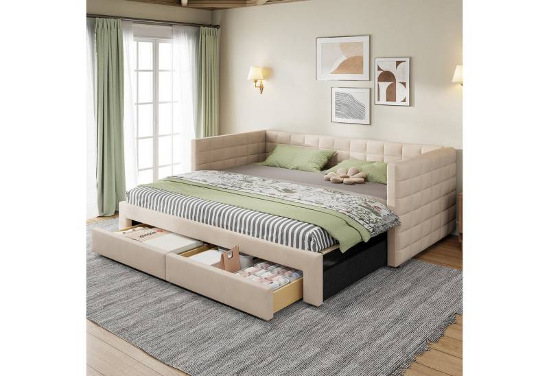 Odikalo Schlafsofa Schlafcouch Auszug Polsterbett 90x190 mit Lattenrost, Polsterbett, Schlafsofa, Schlafcouch, Ausziehbett 3-in-1 Ausziehbares Schlafsofa 90 x 190 cm, Multifunktionsbett, mit Schubladen, umbaubar in Einzel-/Doppelbett mit Lattenrost, Baumwolle und Leinen, Grau / Beige (Matratze nicht enthalten) von Odikalo