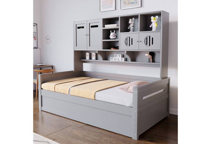 Odikalo Schlafsofa Schlafcouch Bettgestell mit Bettkästen oder Schubladen, 90x200, Holzsofa-Bett 90 x 200 cm, multifunktionaler Stauraum, große Schublade, Einzelbett, Jugendbett, Lattenrost, grau (Ohne Matratze), für Kinder, mit Ablageböden und Bettkasten oder Schubladen von Odikalo