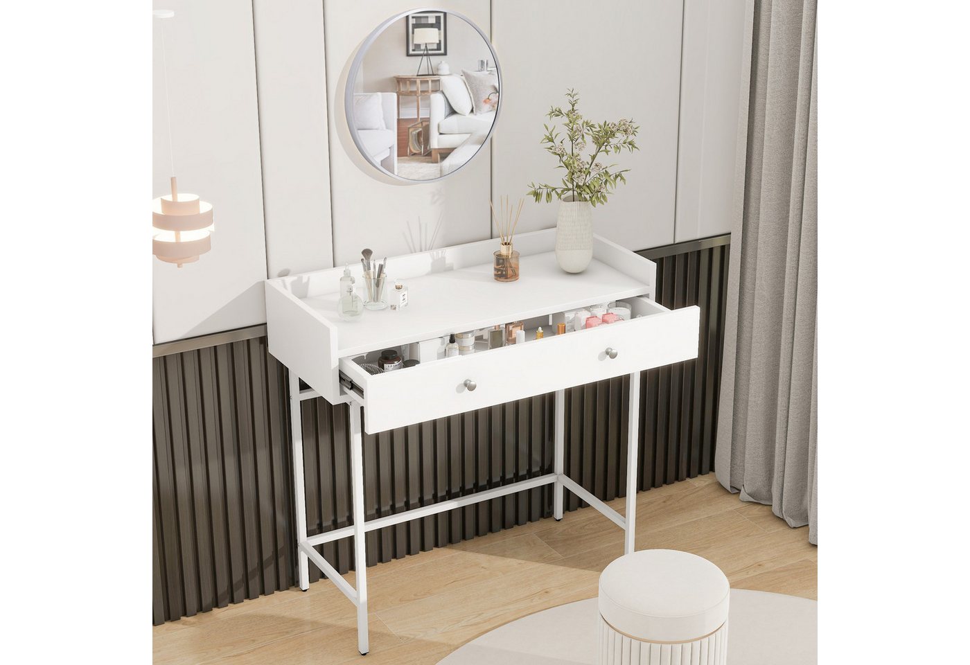 Odikalo Schminktisch Kommode Tisch Schrank ohne Hocker Spiegel Schublade Metallbeine Weiß von Odikalo