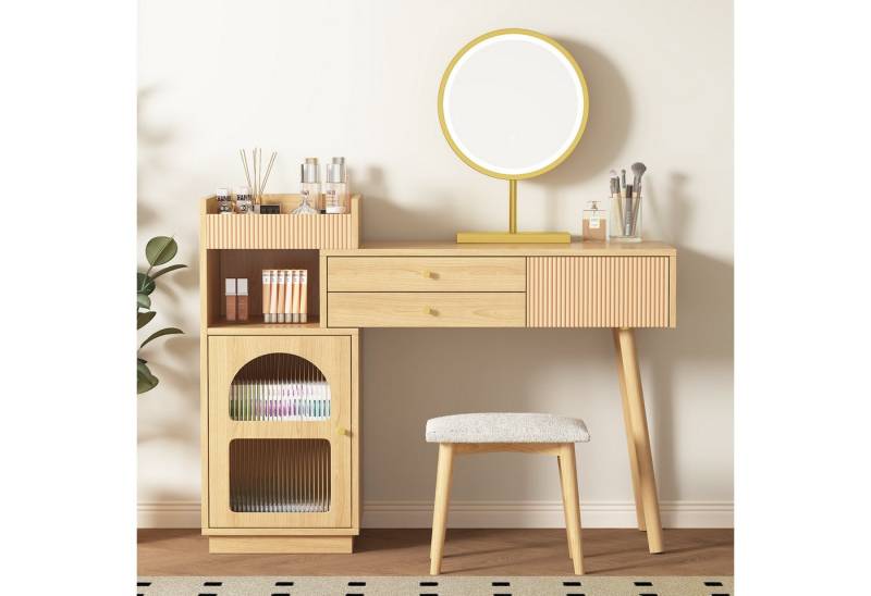 Odikalo Schminktisch Kosmetiktisch-Set LED-Spiegel 3-Farbig 3 Schubladen Seitenschrank von Odikalo