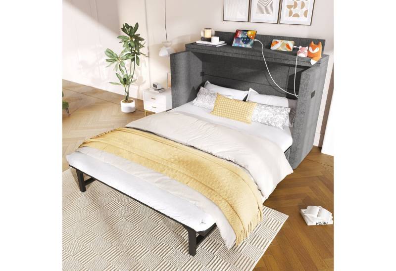Odikalo Schrankbett 140x200 Polsterbett Jugendbett mit Stauraum & USB (140x200, Mit einer Schublade, Mobiles Schrankbett mit Ablagefach am Bett, mit USB- und Typ-C-Anschlüssen, Umbaubares Plattformbett, Ohne Matratze, Leinen, Grau) von Odikalo