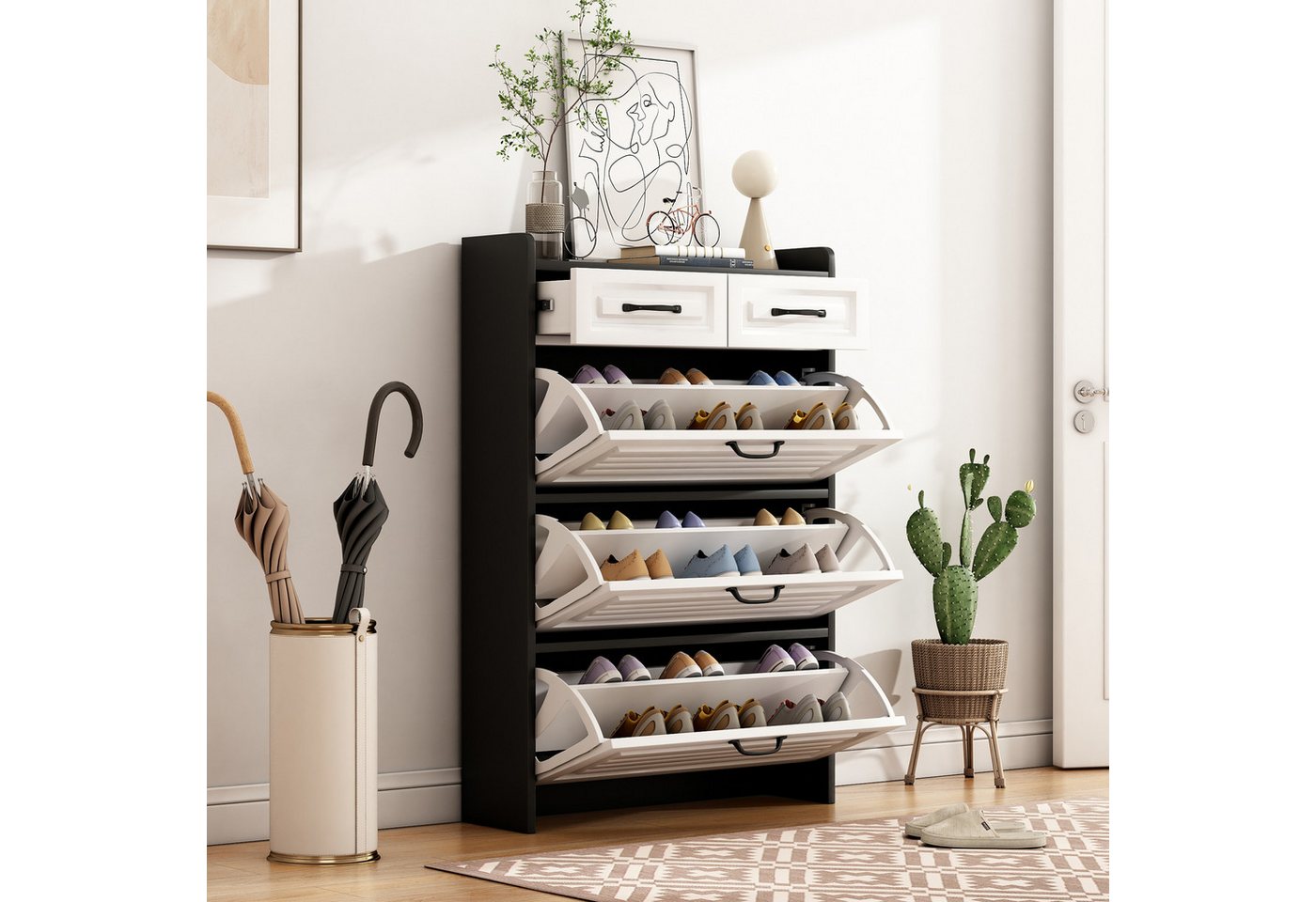 Odikalo Schuhkommode Drehbarer Schuhschrank mit 3 Klappen & 2 Schubladen, B80xT23xH131cm Odikalo Schuhkommode Drehbarer Schuhschrank mit 3 Klappen & 2 Schubladen, B80xT23xH131cm von Odikalo