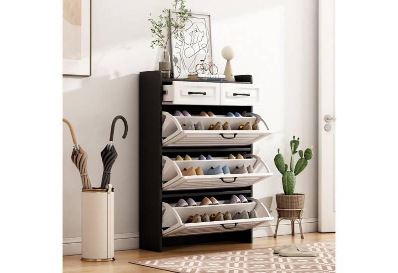 Odikalo Schuhkommode Drehbarer Schuhschrank mit 3 Klappen & 2 Schubladen, B80xT23xH131cm von Odikalo