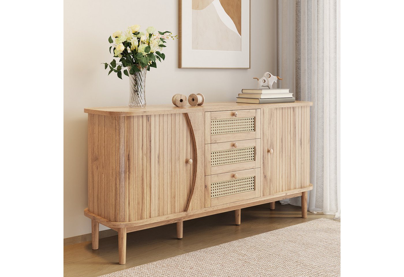 Odikalo Sideboard Anrichte Kommode Schließfach Rattan Schiebetüren Einlegeböden Natur von Odikalo