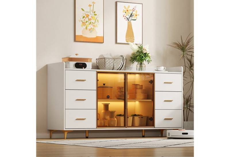 Odikalo Sideboard Kommode mit LED-Beleuchtung & Glastüren (160×44×87cm,weiß,moderner Küchenschrank/Sideboard/6 Schubladen/Glastüren/Fernbedienbare LED-Beleuchtung/Stimmungsbeleuchtung und goldene Metallgriffe,geeignet für Küche,Wohnzimmer,chlafzimmer) Odikalo Sideboard Kommode mit LED-Beleuchtung & Glastüren (160×44×87cm,weiß,moderner Küchenschrank/Sideboard/6 Schubladen/Glastüren/Fernbedienbare LED-Beleuchtung/Stimmungsbeleuchtung und goldene Metallgriffe,geeignet für Küche,Wohnzimmer,chlafzimmer) von Odikalo