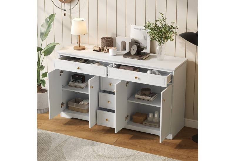 Odikalo Sideboard Kommode Schminktisch Schrank Wohnzimmer (150 x 40 x 85 cm Sideboard, Kommode für das Schlafzimmer,Wohnzimmer, Beistelltisch mit 5 Schubladen,Schrank mit verstellbaren Einlegeböden und 4 Türen,150 cm Breite,Weiß aus MDF) von Odikalo