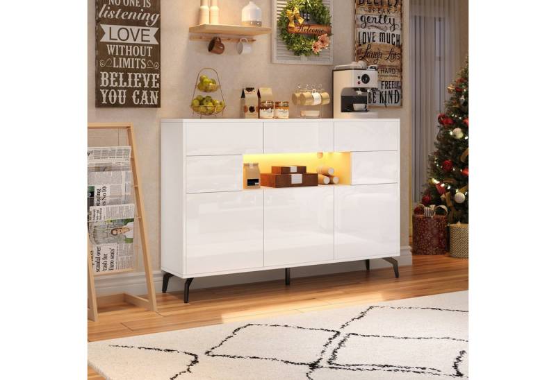 Odikalo Sideboard Kommode Wohnzimmer mit LED (140*30*94cm Wohnzimmer-Sideboard, mit 3 Schubladen und 5 Schränken, Hochglanz-Kommode Mit LED-Lichtleiste, Schrank mit 5 Metallbeinen, 140cm breit, MDF, weiß) Odikalo Sideboard Kommode Wohnzimmer mit LED (140*30*94cm Wohnzimmer-Sideboard, mit 3 Schubladen und 5 Schränken, Hochglanz-Kommode Mit LED-Lichtleiste, Schrank mit 5 Metallbeinen, 140cm breit, MDF, weiß) von Odikalo