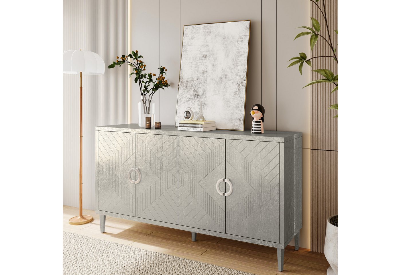 Odikalo Sideboard Kommode mit 4 Türen (152 cm, stilvoller und funktionaler 4-türiger Lagerschrank mit Kiefernholzbeinen und MDF, für Wohnzimmer, Schlafzimmer und Küche, Champagner) von Odikalo