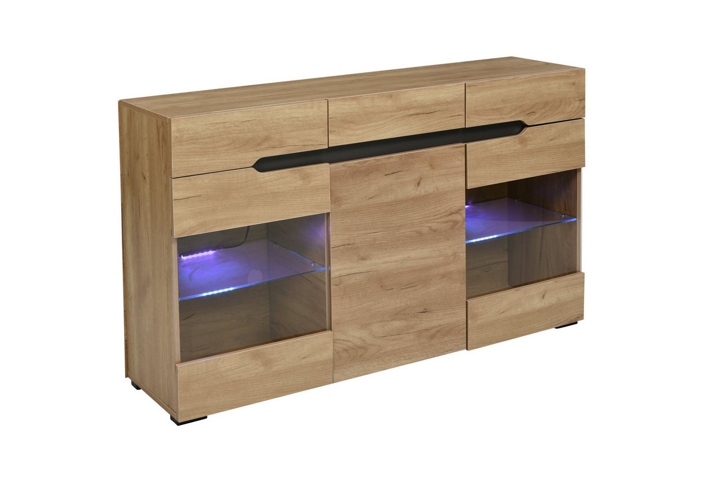 Odikalo Sideboard LED Standschrank Anrichte 3 Türen 3 Schubladen Kommode Stauraum Natur von Odikalo