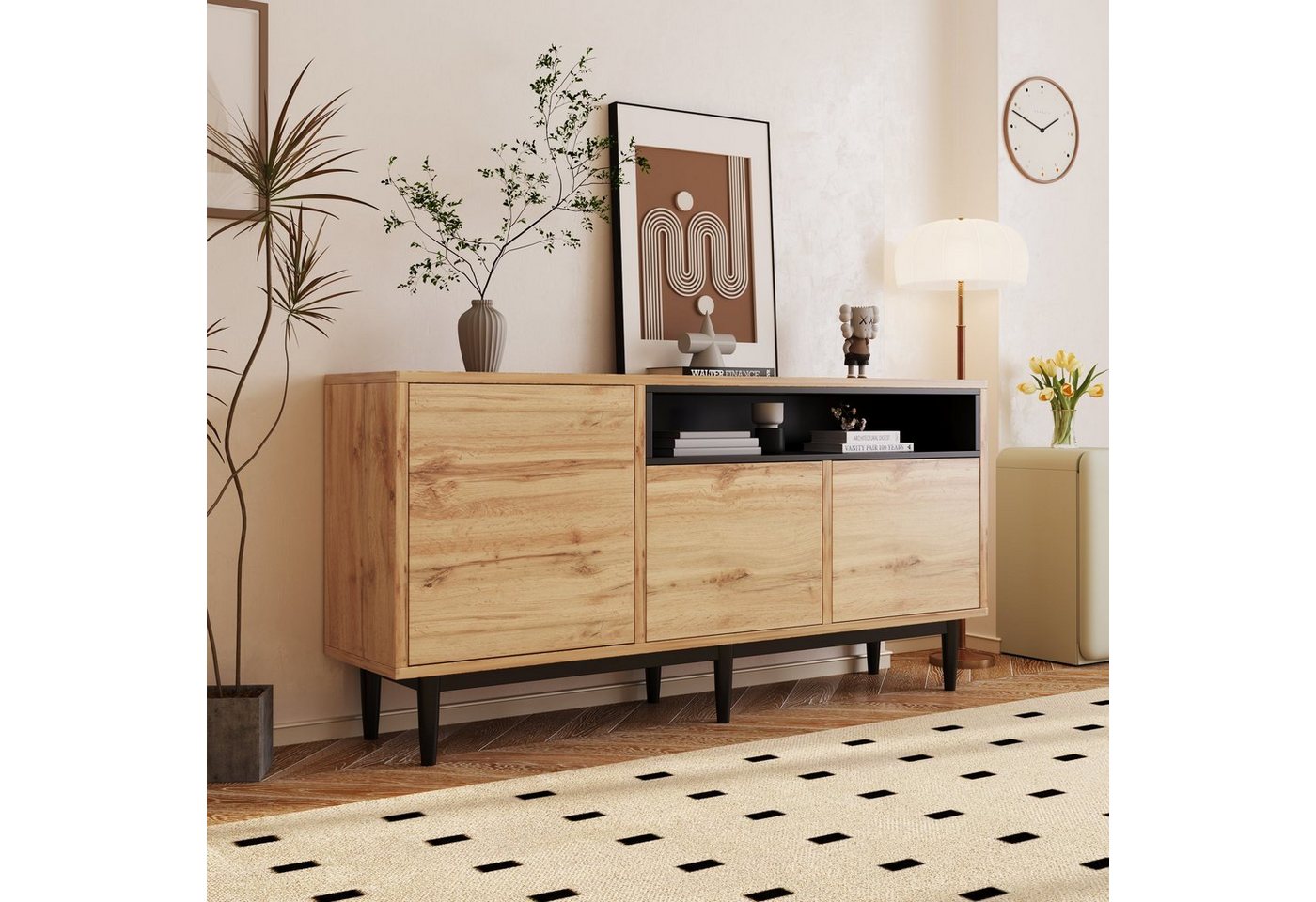 Odikalo Sideboard Moderner TV-Schrank Schließfach mit 3 Türen Regalen, 160x35x76, natur von Odikalo