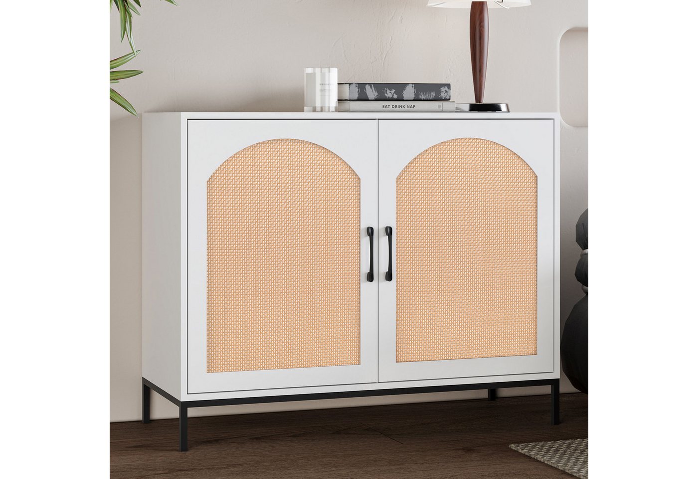 Odikalo Sideboard Stehschrank Rattan Aufbewahrung 2 Türen Metallrahmen Beinen Natur/Weiß von Odikalo