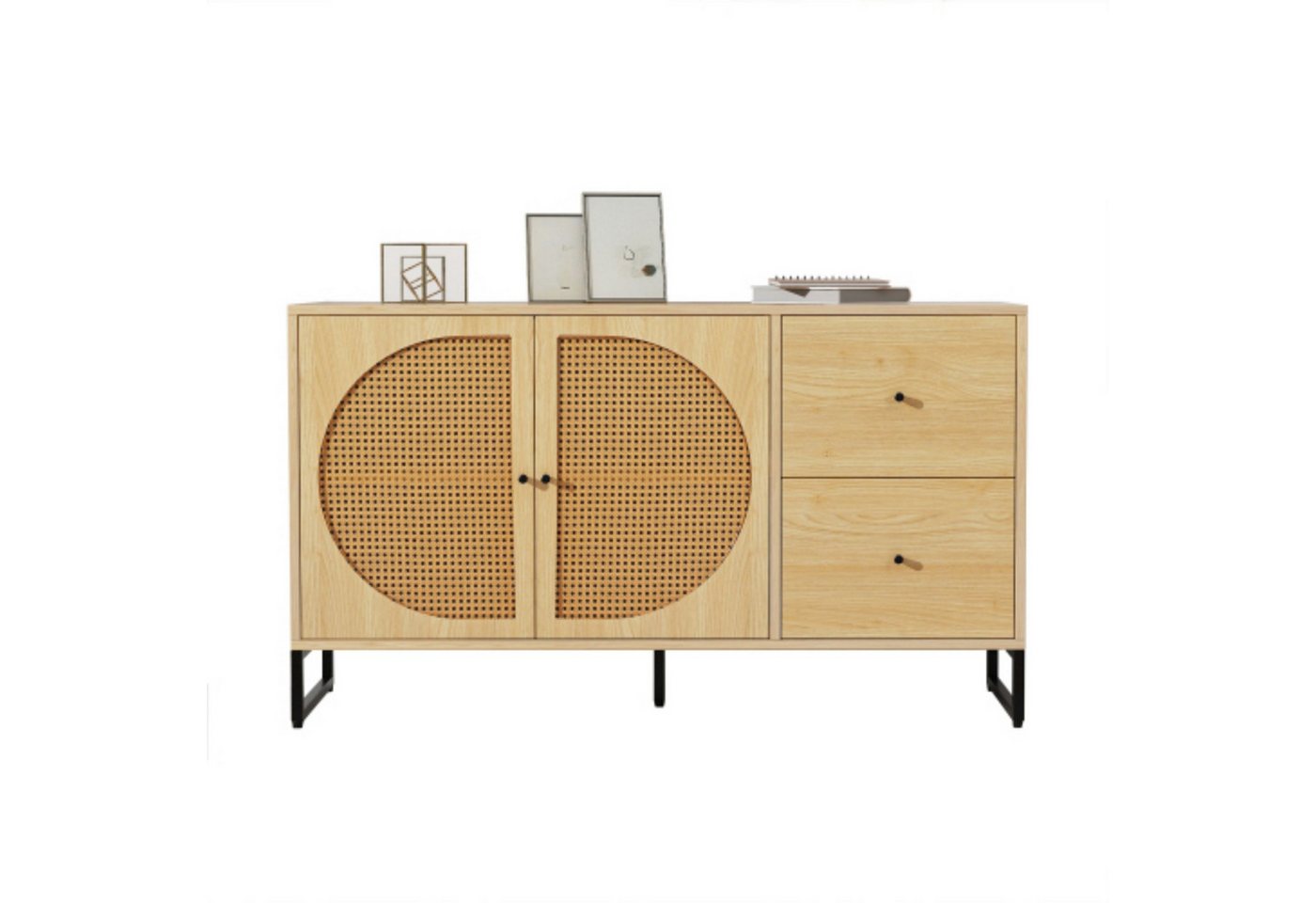 Odikalo Sideboard TV-Schrank Kommode 2 Rattan Türen 2 Schubladen Metallgriff Natur/Braun von Odikalo