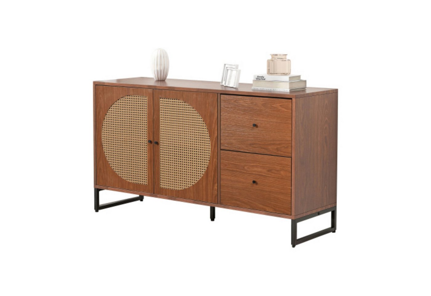 Odikalo Sideboard TV-Schrank Kommode 2 Rattan Türen 2 Schubladen Metallgriff Natur/Braun von Odikalo