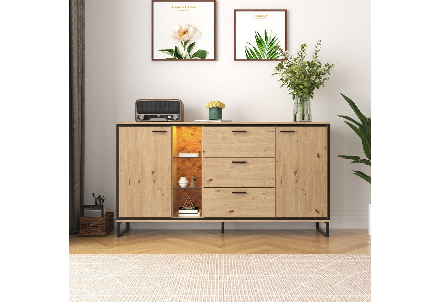 Odikalo Sideboard mit 3 Schubladen 2Türen. Holzfarbe mit Ablagefächern von Odikalo