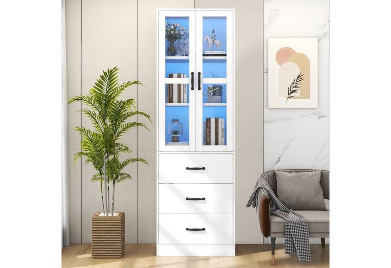 Odikalo Standvitrine Stauraumvitrine 200 cm 3 Schubladen 2 Trennwänden 2 Glastüren LED Weiß von Odikalo