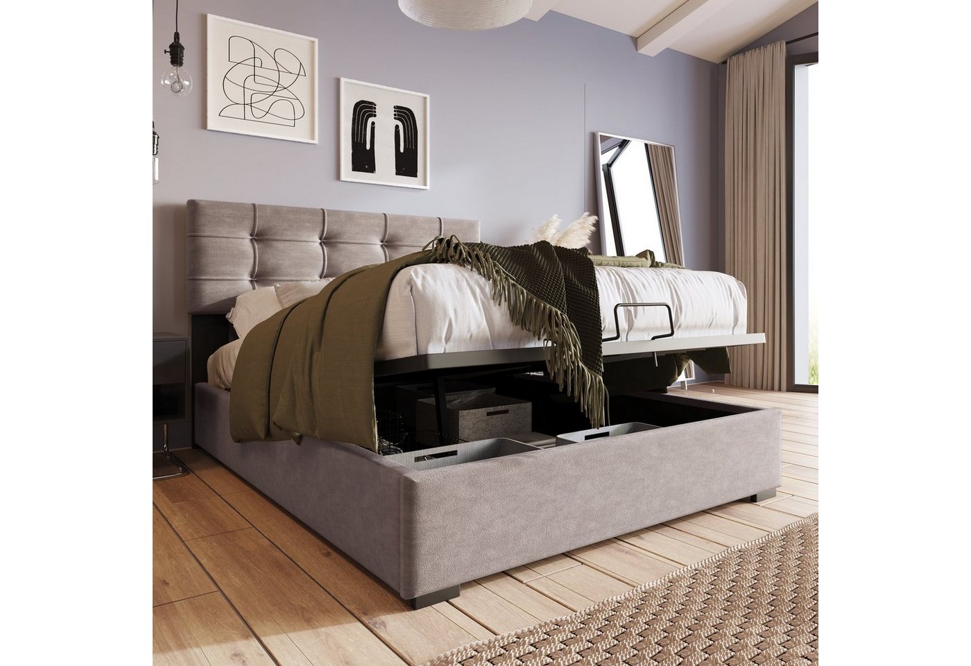 Odikalo Stauraumbett Polsterbett Verstellbar Kopfteil Lattenrost Samt Grau 140/90x200cm von Odikalo