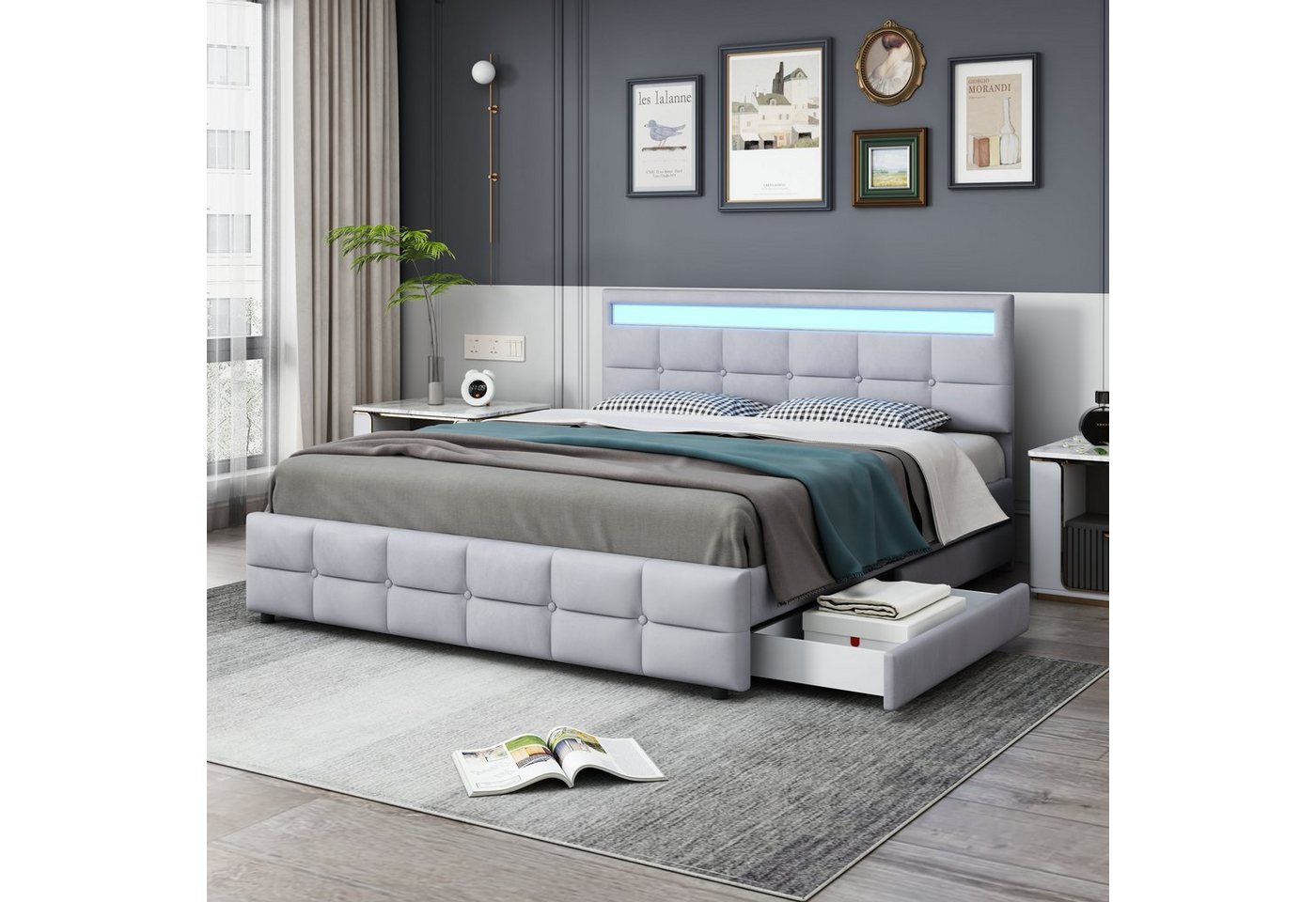 Odikalo Stauraumbett Polsterbett Doppelbett 4 Schubladen LED Lattenrost Beige/Grau 180x200 von Odikalo