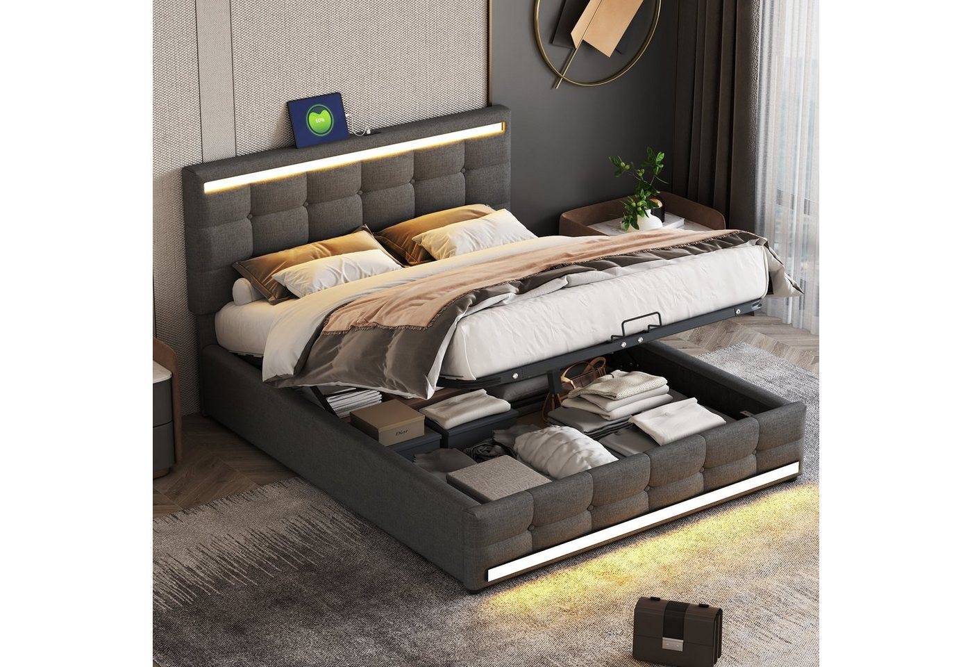 Odikalo Stauraumbett Polsterbett Jugendbett USB Kopfteil Lattenrost LED 140x200 Beige/Grau Odikalo Stauraumbett Polsterbett Jugendbett USB Kopfteil Lattenrost LED 140x200 Beige/Grau von Odikalo